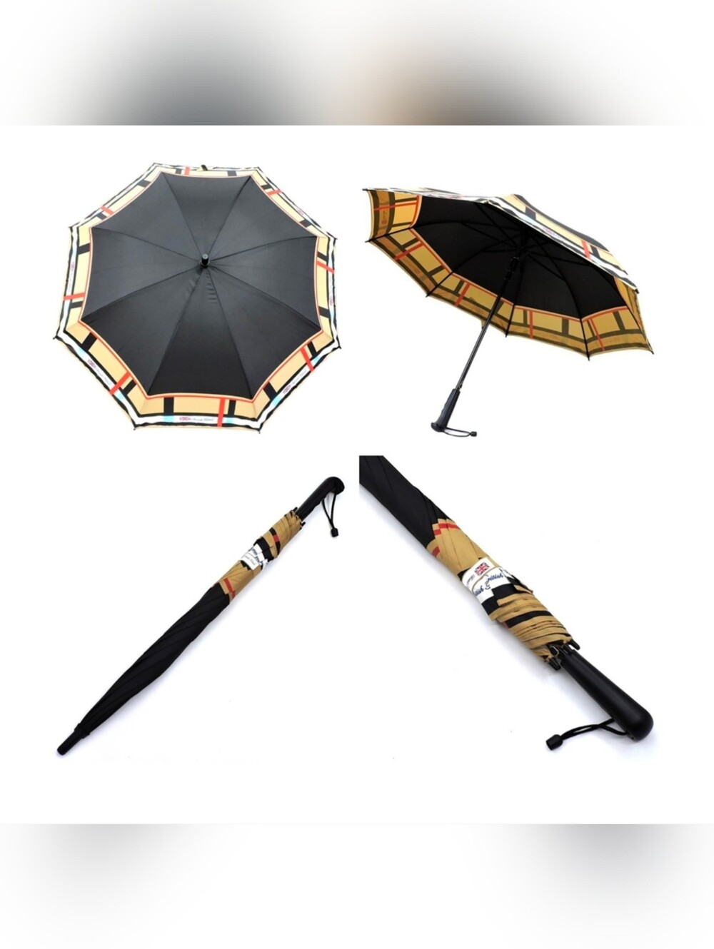 ☔️☔️New‼️Classic Black Umbrella with Tan Plaid Border. (Automatic)